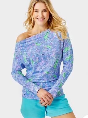 Lilly Pulitzer SHEERA TOP Blue Peri The Turtle Package Pink Green M NWT